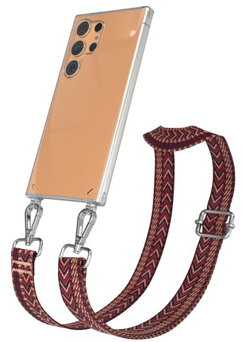 EAZY CASE Handykette - Verstellbares Taschenband kompatibel mit Galaxy S24 Ultra, Schulterriemen, Handykordel mit Silikon Hülle, Umhängetasche, Rot Braun Silber