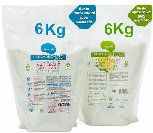 Kit acide citrique pour machine à laver + percarbonate de sodium blanchissant (6 + 6 kg) action combinée pour blanchiment lessive et adoucissant, anti-calcaire bain, anti-moisissure, enveloppe