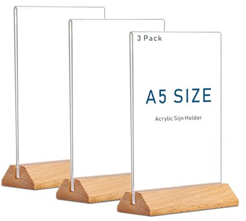 Rifeinoo A5 Acryl Aufsteller, 3 Stück Tischaufsteller A5 mit Holz Sockelboden,Menükartenhalter Plakatständer kann Aufsteller Poster, Flyer, Speisekarten, T- Ständer für A5 Blätter(A5-Vertikale)