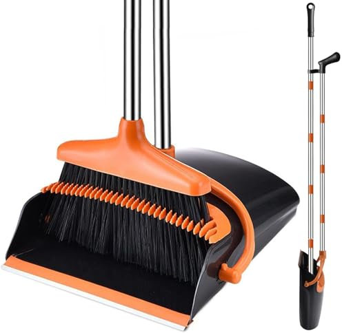 Bingobang Dustpan and Brush Set Long Handled – Broom and Dustpan Set Reduce Bending Tall Lobby Dustpan and Sweeping Brush (Black-orange)