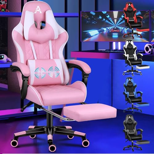 ALFORDSON Sedia da Gaming con Poggiapiedi e Cuscino Lombare, Sedia da Ufficio ergonomica per Computer con Reclinazione a 150°, Sedia da Scrivania per Videogiochi in Pelle, Portata 180 kg, Rosa