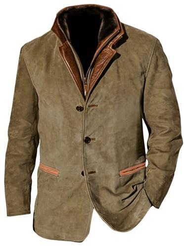 Augystre Men's Suede Jacket with Full Zip, Casual, Vintage Style, Classic Trucker Coat, khaki, L
