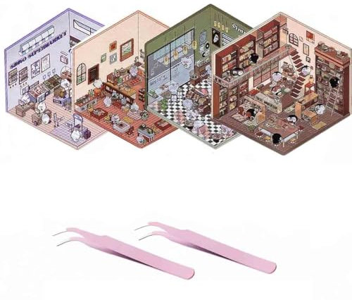 Generisch 4 Sets DIY 3D House Stickers, DIY Stickers Scene Make Your Own Stickers, Isometric Sticker Book, Fun Cute Korean Cartoon Scene Stickers,DIY 3D Sticker Scene Stickers.