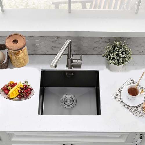 BoomHoze Fregadero Cocina 40 x 40 cm, Fregadero Bajo Encimera, Fregadero Acero Inoxidable Con Rebosadero Y Escurridor, Instalación Empotrada O Sobre Encimera (Negro)