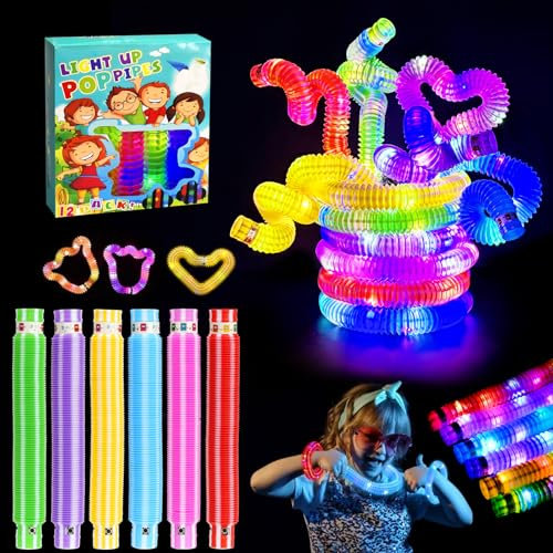 Pop Tube LED Couleur, Pop Tube Lumineux Jouet LED, Jouets Sensoriels de Tuyau Extensible Multicolore, Pop Tubes Lumineux Fidget Toy, Fournitures de Fête Lumineuses pour Carnaval Noël Halloween (12)
