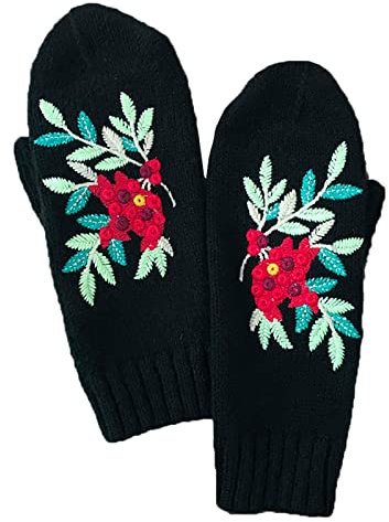 Handschuhe Alpaka Handgemachte Handschuhe für Damen, Winter-Handwärmer, stilvolle Handschuhe, Damen-Handschuhe, warm, gestrickt, bestickt, warme Strickhandschuhe Handschuhe Thermo (Black, One Size)