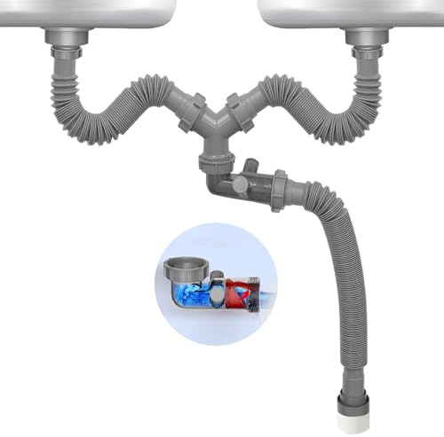 QruiLanTu Kit di scarico doppio per lavello flessibile da 1 1/2 pollici, con valvola di scarico unidirezionale visiva, connettore a 4 vie per bagno, cucina, lavastoviglie, tubo di scarico per