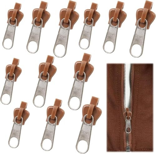 12 Pezzi Cursore Cerniera Ricambio, Cerniere Universali Instant Fix Zipper di ricambio, Adatto per Cappotti, Zaini e Valigie, in Tre Dimensioni Diverse, Facile da Installare (Colore Marrone)