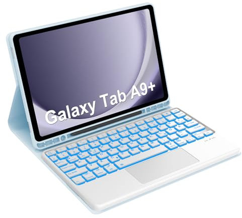Occtingkind, Keyboard for Samsung A9+, Case with Keyboard for Samsung Galaxy Tab A9 Plus 11 Inch, Magnetic Removable Bluetooth Keyboard, QWERTZ, USB C, Trackpad, Backlight, Sky Blue