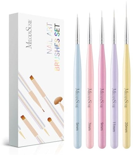 MelodySusie Nail Art Liner Brushes 5Pcs Professional Gel Polish Painting Art Design Pen Set for Thin Long Lines, Tiny Details, Fine Drawing Sizes 5/7/9/11/20mm