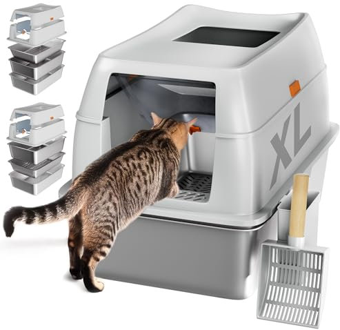 Tom & Sora Creations Stainless Steel Litter Box, Sifting Litter Box, Sifting Cat Litter Box, Sifting Litter Box for Pine Pellets and Clay Litter, Enclosed Sifting Litter Box, XL, Grey