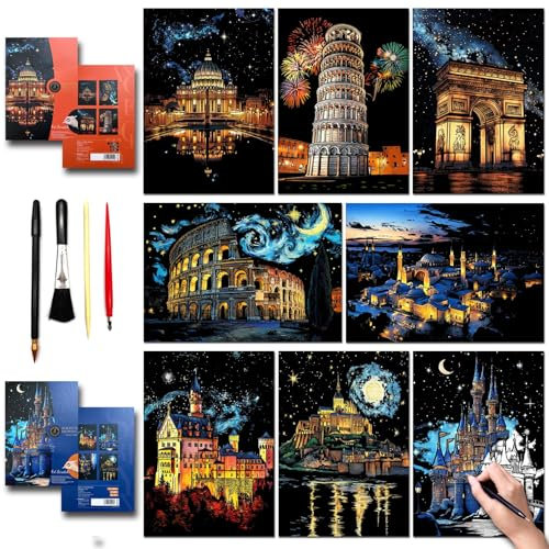 SiYear Kratzkunst-Malpapier-Set für Erwachsene und Kinder, Sehenswürdigkeit, Stadt-Serie, Nachtszene, Kratzbrett, kreatives Geschenk, DIY-Foliengravur, Basteln mit 4 Werkzeugen (Europa-Serie, A3