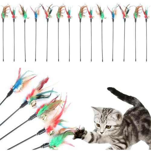 BAOSROY Katzenspielzeug Spielzeug mit Federn,Federstab,Katzenspielzeug Feder,Katzenangel Ersatzfedern mit Anhänger Feder Glocke,Interaktives Katzen Spielzeug für Kätzchen (14pcs)