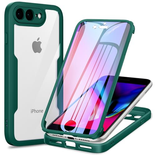 Phoona Funda para iPhone 8 Plus/iPhone 7 Plus con Protector de Pantalla Transparente, 360 ​​Grados Carcasa Cuerpo Completo Protector Silicona Antigolpes, Funda Antiarañazos para iPhone 8 Plus, Verde