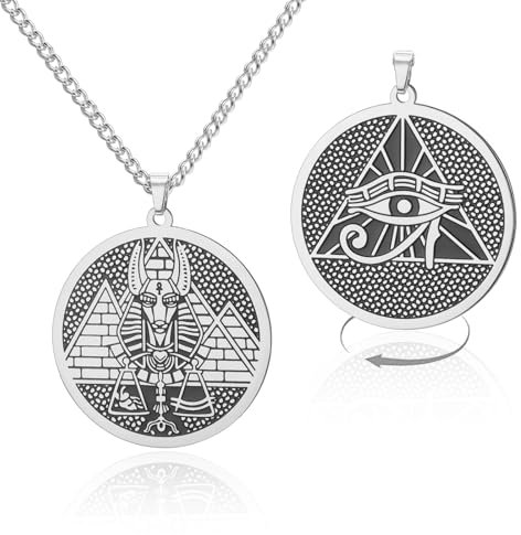 VASSAGO Ägyptische Mythologie-Halskette, Edelstahl Anubis-Auge des Horus Pyramiden-Medaillon Amulett Schutz ägyptischer Schmuck für Männer und Frauen (Silber)