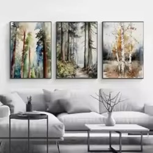 XBTYKPB Sequoia Pine Birch Tree Watercolor Plant Poster Canvas Painting Impressionist Wall Art Picture for Living Room Home Decor 80x110cmx3 Withframe