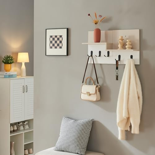 [en.casa] Wandgarderobe mit 2 Ablagen Botaruvn Garderobenleiste mit 5 Doppel-Haken Flur Garderobenpaneel 34 x 59 x 13 cm Wandregal Beige/Weiß