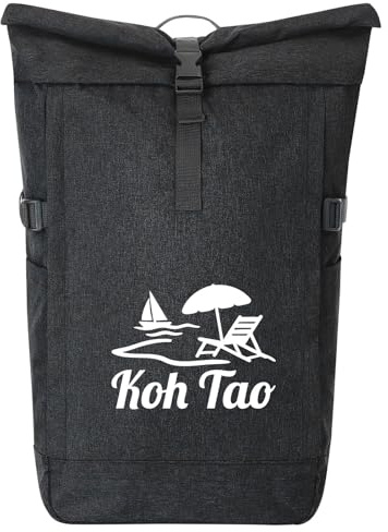 Huuraa Kurierrucksack Koh Tao Inselmotiv Thailand Geschenk | 30-44 Liter Backpack Black Melange Fairtrade Rolltop Rucksack Geschenkidee Schwarzer Laptop-Rucksack passend für 17-Zoll