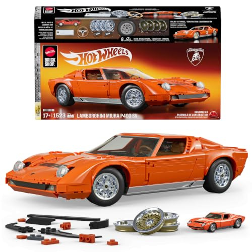Mattel Brick Shop Hot Wheels Lamborghini Miura P400 SV Baukasten | 1523 Teile, individuelle Aufkleber, Metallauto im Maßstab 1:64, Premium-Serie, für Sammler und Kinder ab 10 J., JHF61