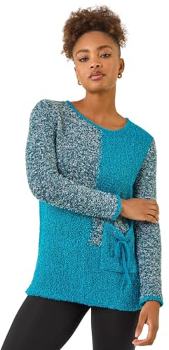 Roman Originals Textured Button Detail Knit Jumper for Women UK - Ladies Everyday Autumn Winter Round Neckline Comfy Soft Evening Vacation Work Party Night Out - Teal - Size 18