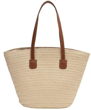 JIIENO Sacs en paille pour femme - Grand sac de plage tressé - Sac à main en raphia avec fermeture éclair et bandoulière en cuir - Pour la plage, les voyages, l'arrivée