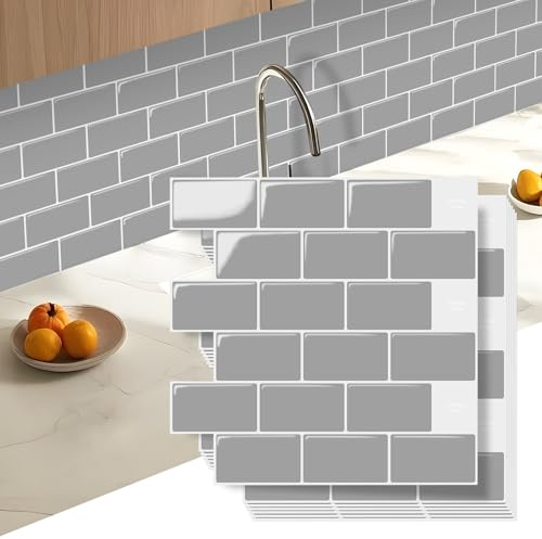 JOLOV 3D Peel and Stick Wall Tiles, Self-Adhesive Kitchen Splashback, High Gloss Waterproof & Heat Resistant Tiles for Bathroom & Kitchen, Easy to Clean,10 Sheets (30.5 x 30.5 cm) (Gray)