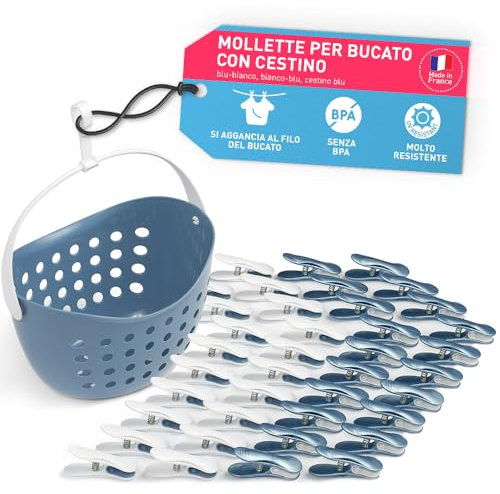 culiclean Pince a Linge Soft Clips – Panier Epingle a Linge – Fabriqué en France – Blanc-Bleu avec Panier Bleu – Lot de 40 Pinces + 1 Panier