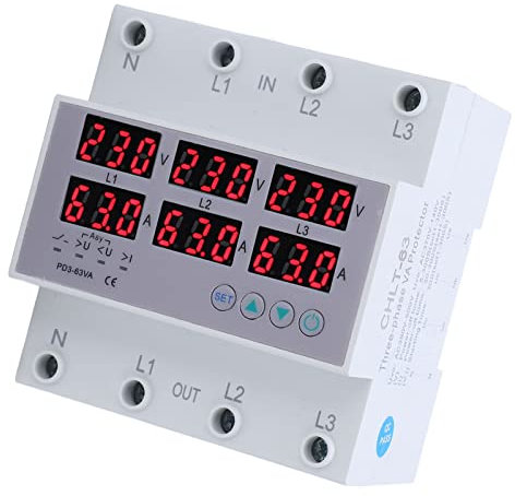 AC230-300V Trifásico Carril DIN Voltímetro Amperímetro Sobretensión Protector contra Sobrecorriente Restablecimiento Automático Pantalla Digital Voltaje Corriente Tiempo Real(63A)