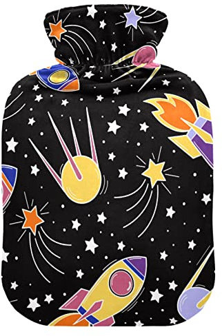 Hot Water Bottle with Covers Cosmic Space Rocket Hot Water Bag for Pain Relief Sleeping Warm Water Bag Large 2L