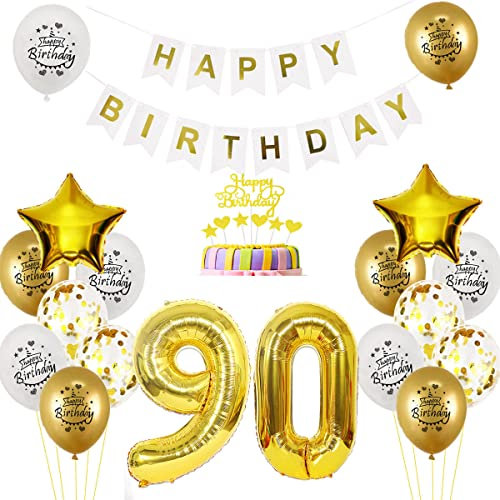 Luftballon 90. Geburtstag deko mann Gold Weiß Geburtstagsdeko 90 Jahre Geburtstag dekoration Weiß Gold Folien Ballon 90 Geburtstag frau junge deko Tortendeko 90th Happy Birthday deko
