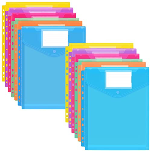 FYY Dokumententasche A4,12 Stück Dokumentenmappen A4 Transparent Druckknopf zum Abheften,Sammelmappen für Dokumente Organisieren mit Binderlöcher und Etikettentasche für A4 2/3/4 Ringbuch,Farbe