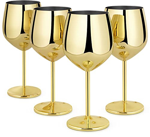 Livole Rotweingläser Set, 18Oz 550ml Weingläser aus Edelstahl, Champagner Gläser, Pokale Groß Bauchig, Cocktailgläser mit Stiel, Wine Glass Set für Cocktails, Rotwein, Gold (4er Pack)