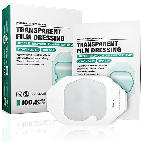 Everlit Care Transparent Film Dressing, Large Waterproof Adhesive Patch | Window Frame Wound Cover for Post Surgical Shower, IV Shield, Tattoo Aftercare Bandage (2.36 x 2.75 | 100 Pack)
