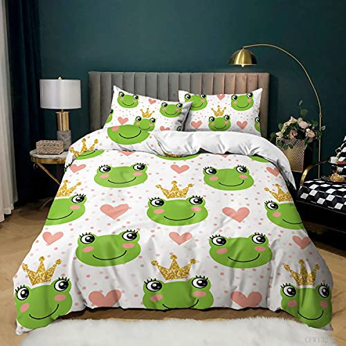 TSOPEFI Grün Frosch Kinder Bettwäsche,3D Wacky Frosch Drucken Bettbezug,Cartoon-Tiere Thema Bettbezug mit Kissenbezug für Kinder Erwachsene (135x200cm, A)