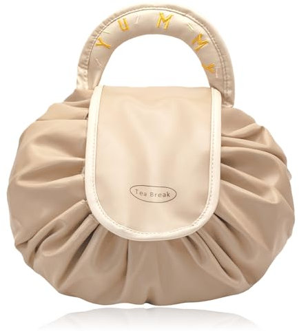 ZHENNAN Drawstring Kosmetiktasche Damen Groß, Reise Schminktasche Mädchen für Handtasche, Make Up Tasche Leder mit Kordelzug, One-Step Organizer Makeup Bag Größe Braun