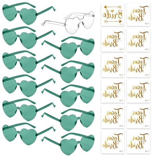 HIQE-FL Herz Sonnenbrille,12 Stück Herz Sonnenbrille Damen,Hippie Herzförmige Brille,Hippie Gläser,mit Tattoo Aufkleber,Randlose Herz Brille,für Geburtstagsfeiern, Hochzeiten, Außenaufnahmen