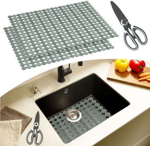 Mlijzard Protector de fregadero, paquete de 2 alfombrillas escurridoras para fregaderos de cerámica de acero inoxidable, 40 x 30 cm, alfombrilla de fregadero de cocina con tijeras, corte a medida