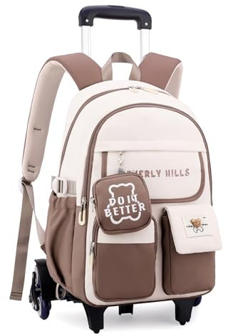 IvyH Schulrucksäcke Trolley für Kinder, Rucksack Teenager Schulranzen Mädchen mit 6 Räder Trolley Schultaschen für Grund- und Mittelschule (Braun)