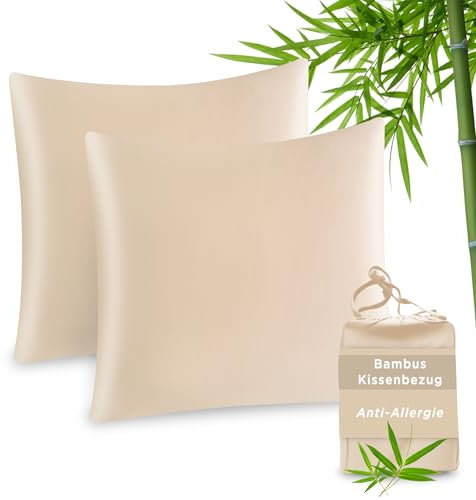 ATsense Lot de 2 taies d'oreiller en fibre de bambou 80 x 80 cm en satin pour personnes allergiques, douces comme de la soie, anti-acariens, pour cheveux et peau, beige