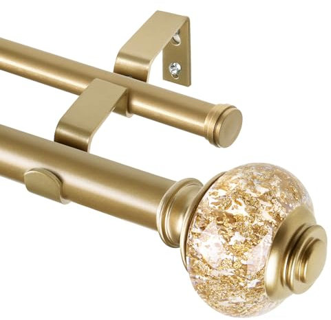 1 Inch Luxury Gold Double Curtain Rods for Windows 66 to 120 Inches(5.5-10ft), USFOOK Adjustable Heavy Duty Drapery Rods, Telescoping Dual Curtain Rod with Translucent Finials, Wall Mounted
