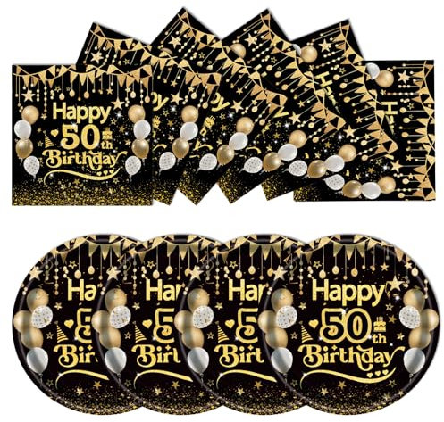 EVYIENEN 50Pcs Happy Birthday Black and Gold 50th Paper Plates and Napkins Set,25x7inch Paper Plates & 25x6.5inch Napkins Disposable Paper Plates Party Supplies for Man 50th Birthday