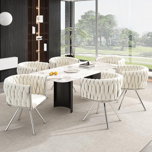 Merax Drehstuhl 6er Set, Moderne Armlehnstuhl aus Samt, Esszimmerstuhl Drehbar mit Metallbeinen, für Esszimmer, Wohnzimmer, Schlafzimmer, Beige und Silber