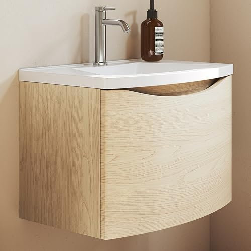 BRIDGE BENO Mobile da bagno curvo da 60 cm con lavabo in resina – Mobile compatto con cassetto con chiusura a morsa, Golden Sand