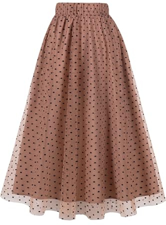 AXOE Femme Jupe en Tulle Midi Longue à Broderie Florale Bohème Chic en Mesh à 3 Couches Coupe Trapèze Élastique Elegante pour Mariage Invitée Fête Cérémonie