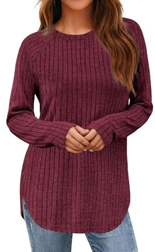 Sukiglam Maglione Donna Maniche Lunghe Girocollo Maglioni a Coste Elegante Pullover Morbido e Elastico Top Tunica Casual Maglione Lungo per Leggings Autunno Invernali Felpa Tinta Unita