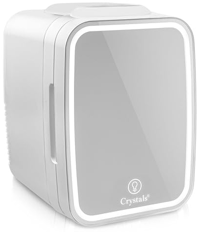 Crystals 4L Mini Fridge with LED Mirror – Portable Cooler & Warmer for Bedroom, Skincare, Makeup, Office, Car & Travel – Beauty Cosmetic Fridge with Dual Power Plugs (12V DC & 220-240V AC) (White)