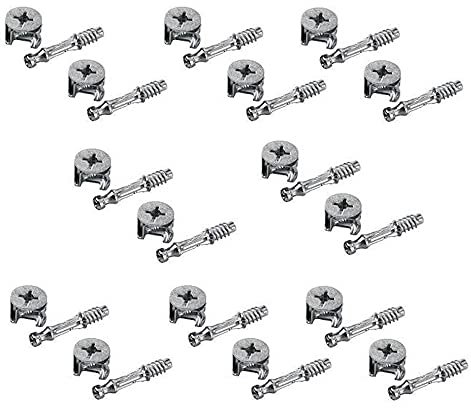 Merriway BH06265 (40 Pcs) Flat Pack Furniture Cabinet Fixing Screw Locking Cam Bolt Nuts (15mm x 12mm) and Dowels (M6 x 44mm), Bright Zinc Plated - Pack of 20 Each Piece