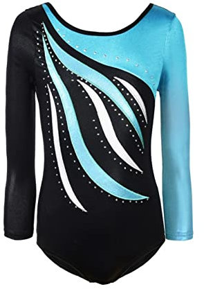 MORESAVE Gymnastikanzug für Mädchen, glitzernde glänzende Stickerei, langärmelig, Gymnastikanzug, Ballett, Tanz, Turnanzug, einteiliges Übungsoutfit, blau, 7-8 Jahre