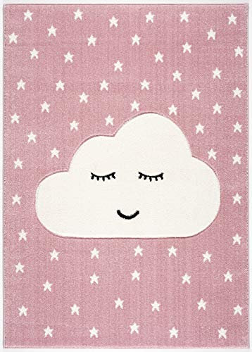 Livone Kinderzimmer Baby Kinderteppich Wolke Sterne in rosa Weiss 120 x 170 cm