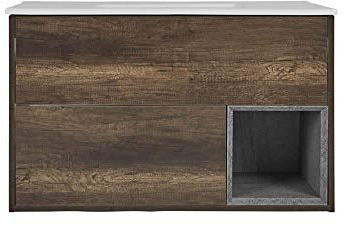 Milano Dark Oak 1010mm Bathroom Vanity Unit Inset Basin LED | Engineered Wood Unit. Ceramic Basin. Contemporary Style. Wall Mounted Design. Soft Close Mechanism. Ready Assembled.